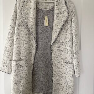 Max Studio White and Black Bouclé Open-Front Coatigan